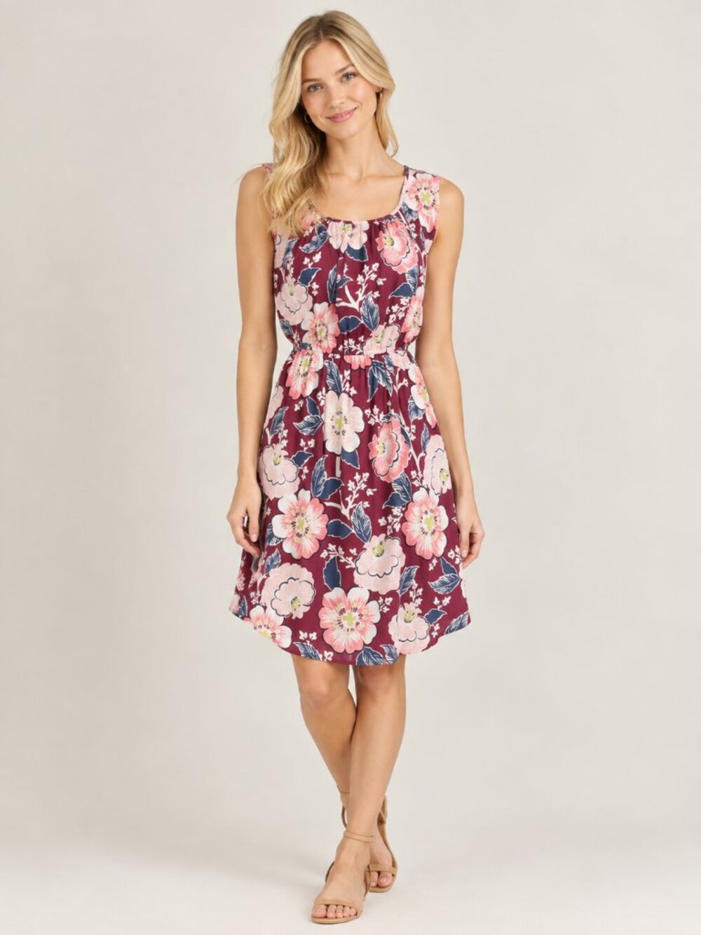 2/$30 LOFT Floral Print Sleeveless Fit-and-Flare Dress Burgundy Small #A4548